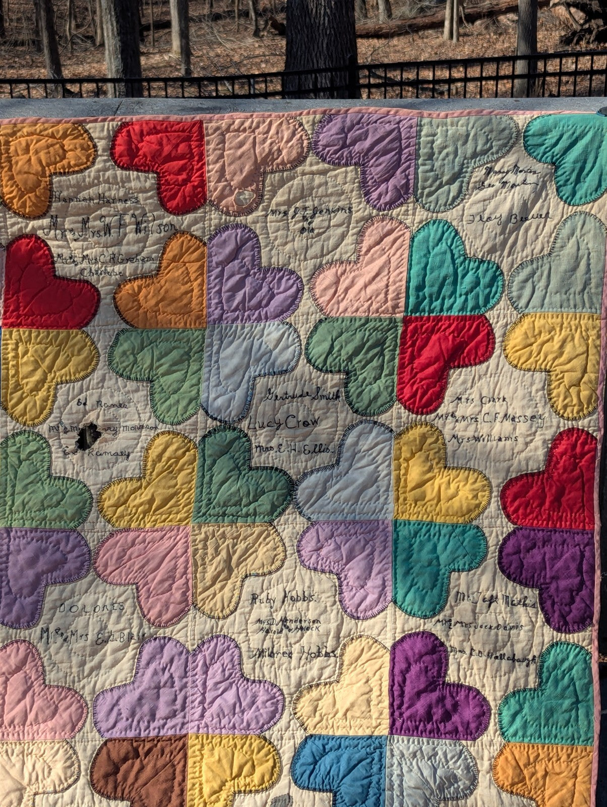 Antique Hand-Stitched Family Tree Heart Quilt Mabrey Hogg Ruff Treece Griffin