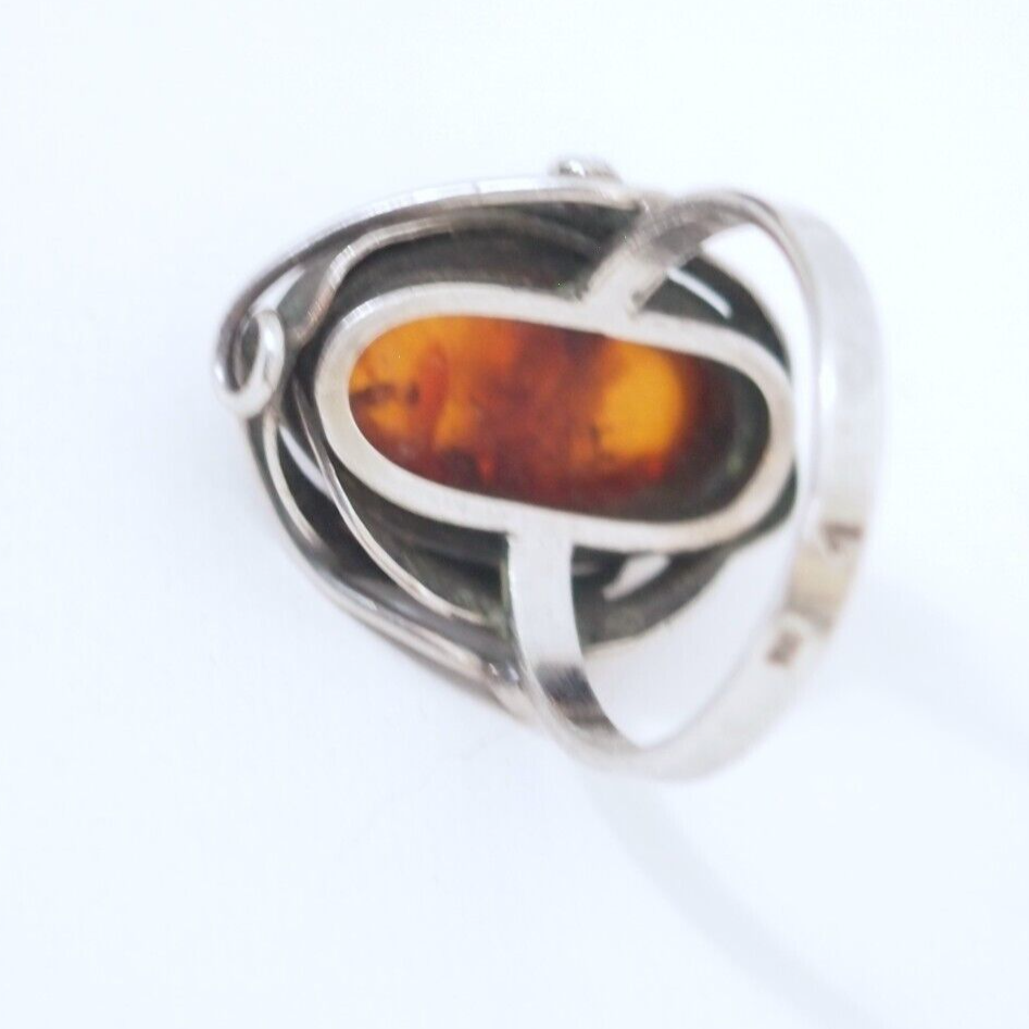 Vintage Modernist .925 Sterling Silver & Amber Cabochon Ring Size 6.5 Signed SD