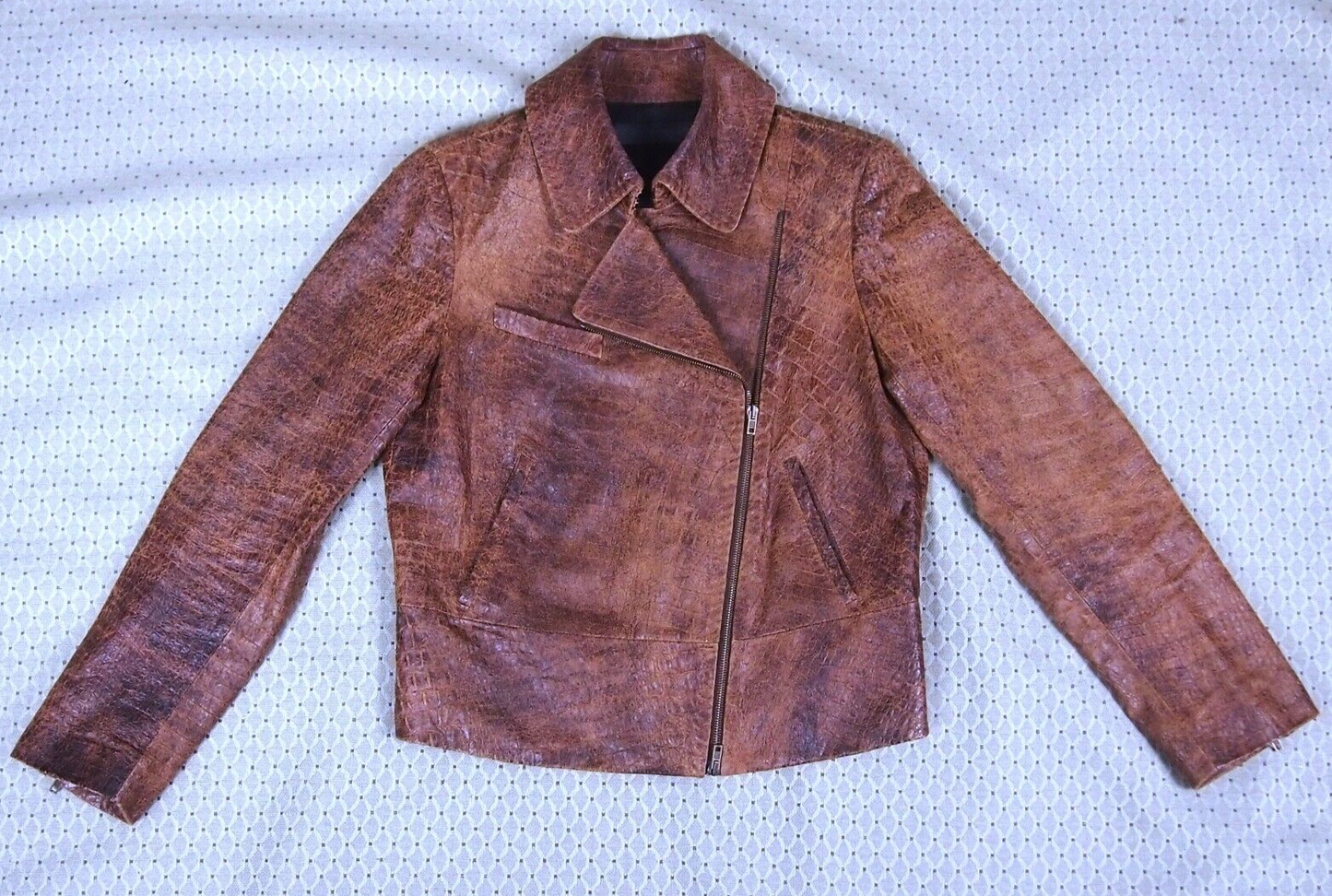 Donna Karan Crocodile Pattern Leather Jacket Spanish Lambskin, Distressed Style