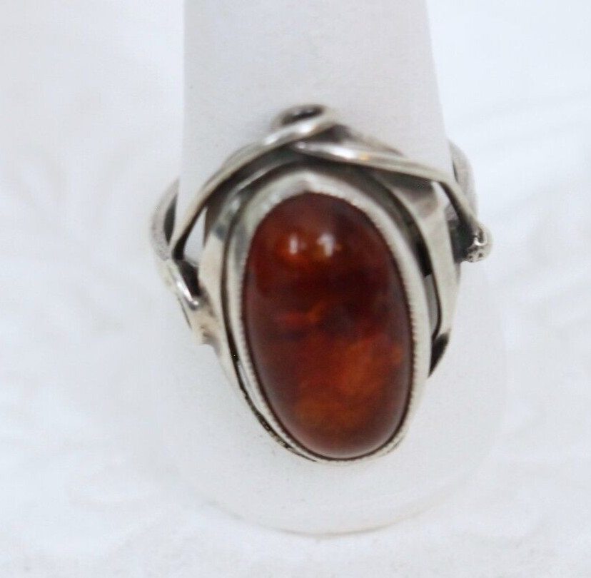 Vintage Modernist .925 Sterling Silver & Amber Cabochon Ring Size 6.5 Signed SD