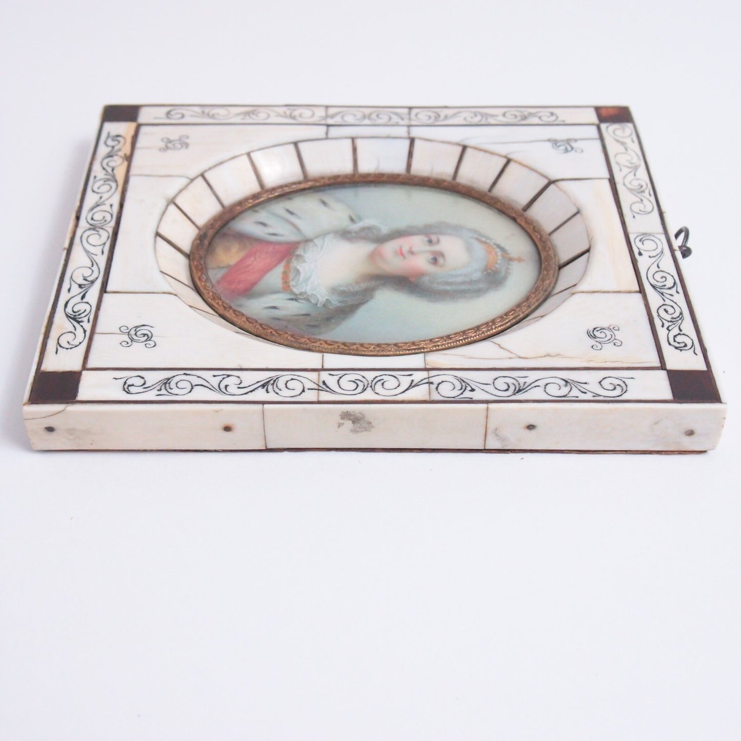 19th c. Hand-Painted Catherine the Great Miniature Portrait – Bone Frame