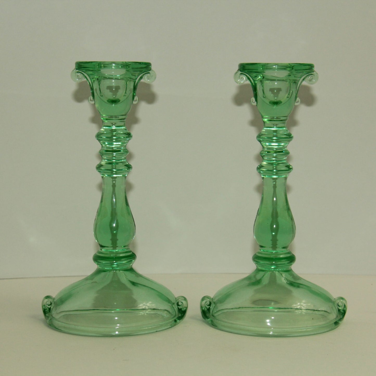 Antique Imperial Vaseline Glass Double Scroll Candlesticks 8.5" UV Reactive