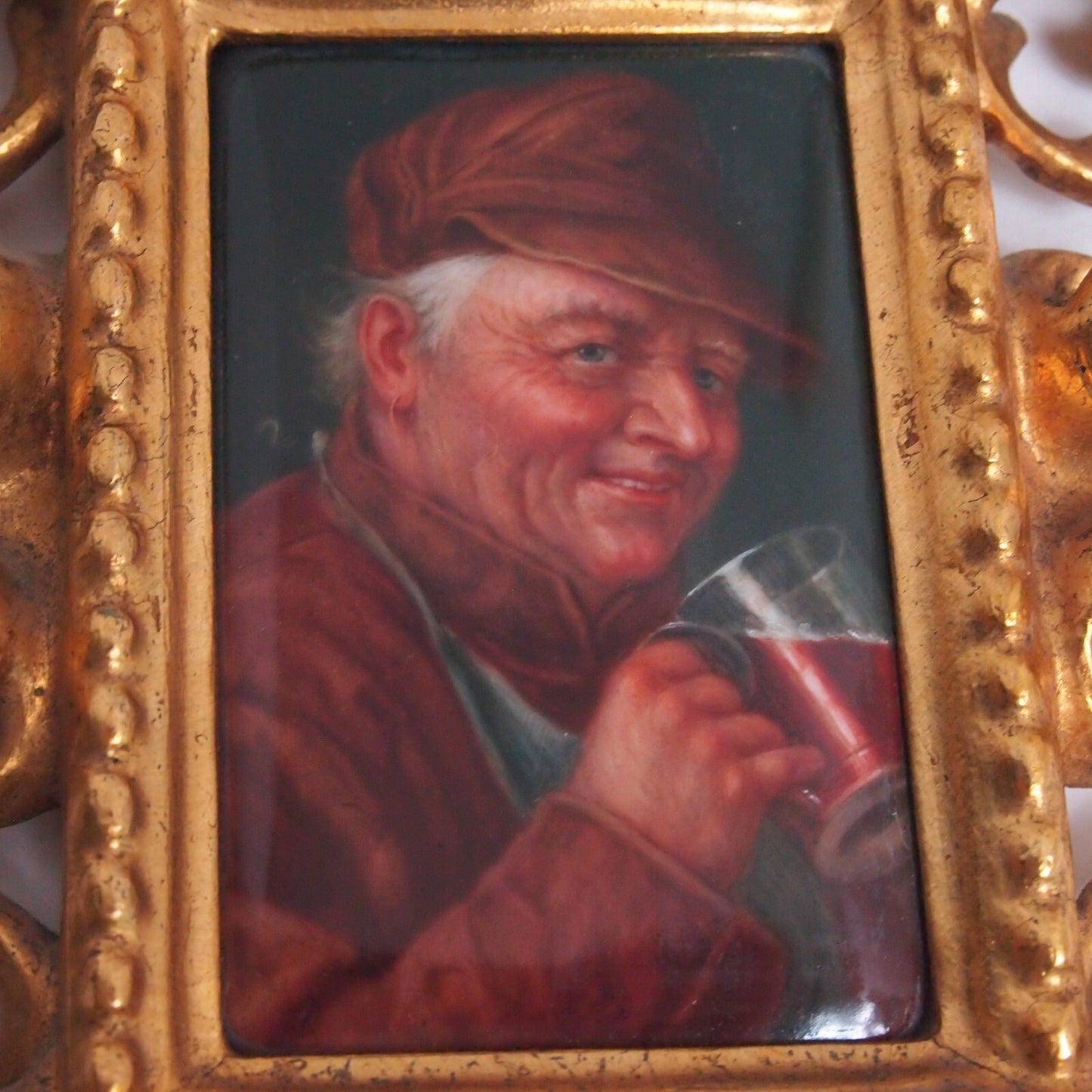 Hand Painted German Porcelain Miniature Portrait After Grutzner Gilt Gold Frame