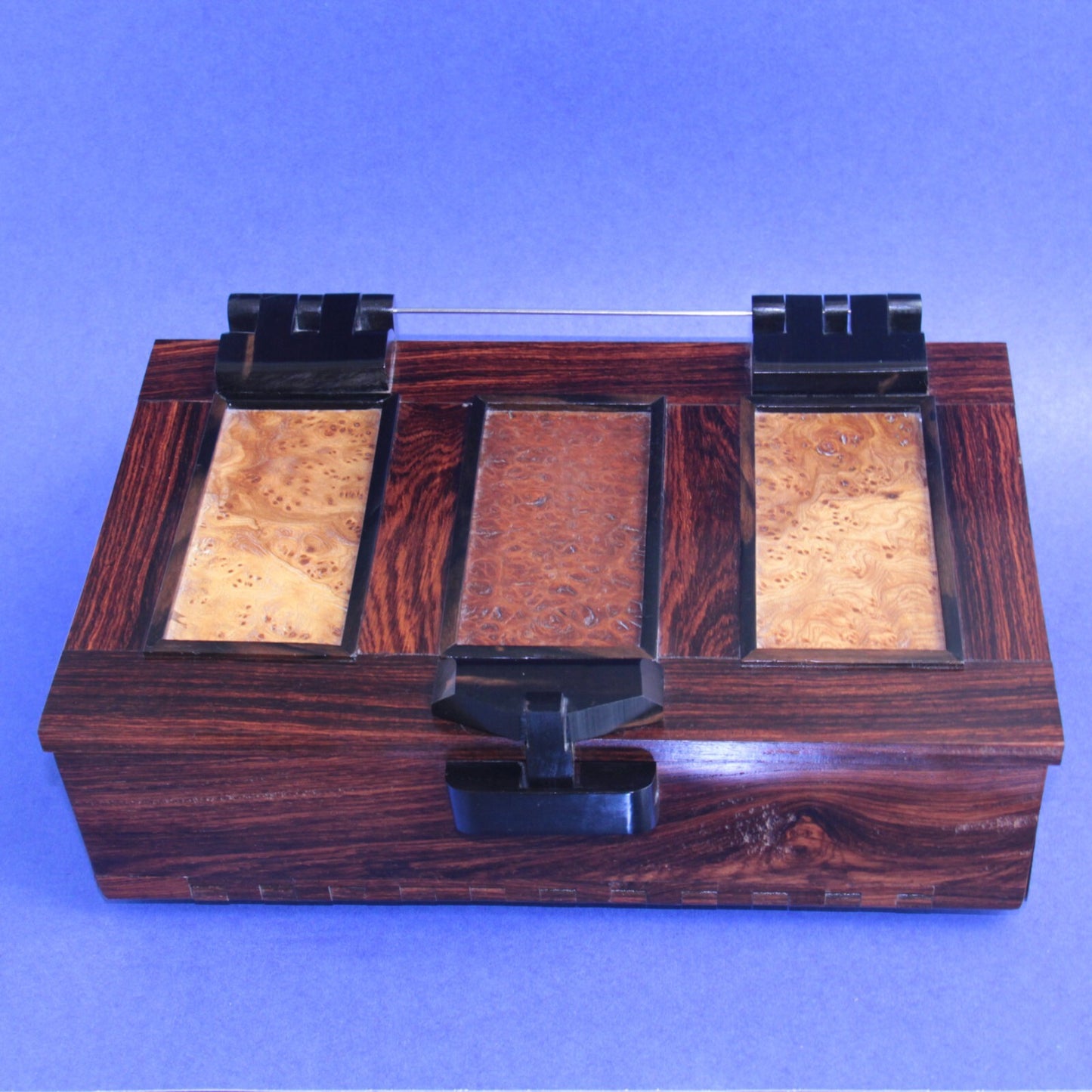 Handmade Wood Writing Box Boyce England – Ebony, Bird’s Eye Maple & Burlwood 13"