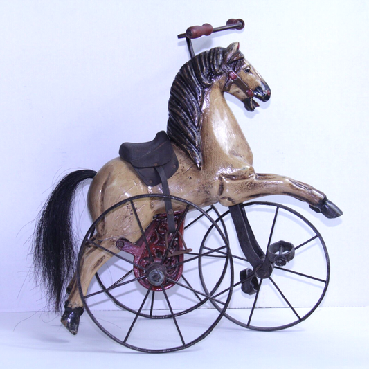 Antique Carousel Horse Tricycle Velocipede w Leather Saddle & Cast Iron Wheels