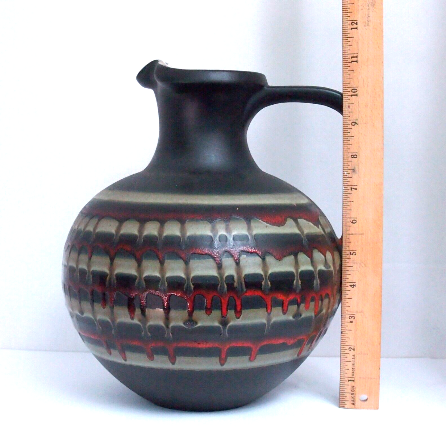 Black Royal Haeger 11” Lava Drip Glaze Art Pottery Vase Pitcher – Orange & Olive