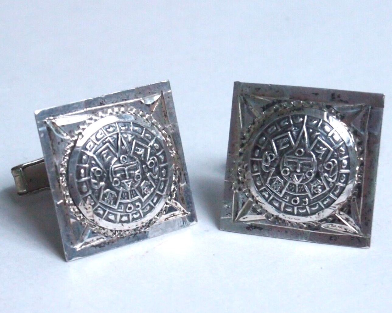 Vintage Sterling Silver Mayan Calendar Cufflinks – Mexico .925 – Eagle 28 Mark