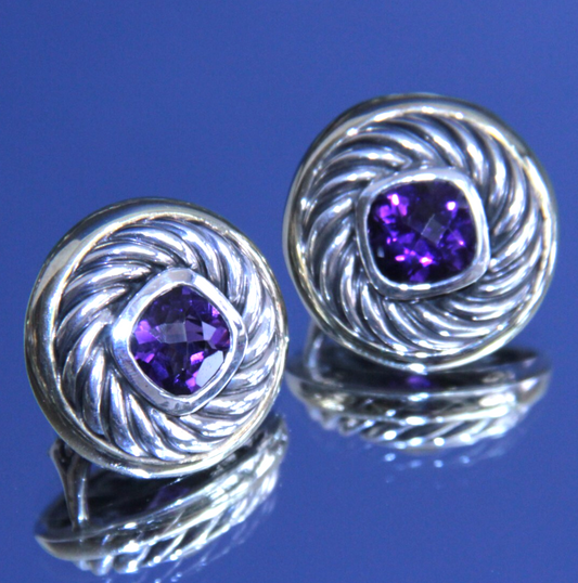 Authentic David Yurman Cable Earrings Amethyst 14K Sterling Silver RARE DESIGN