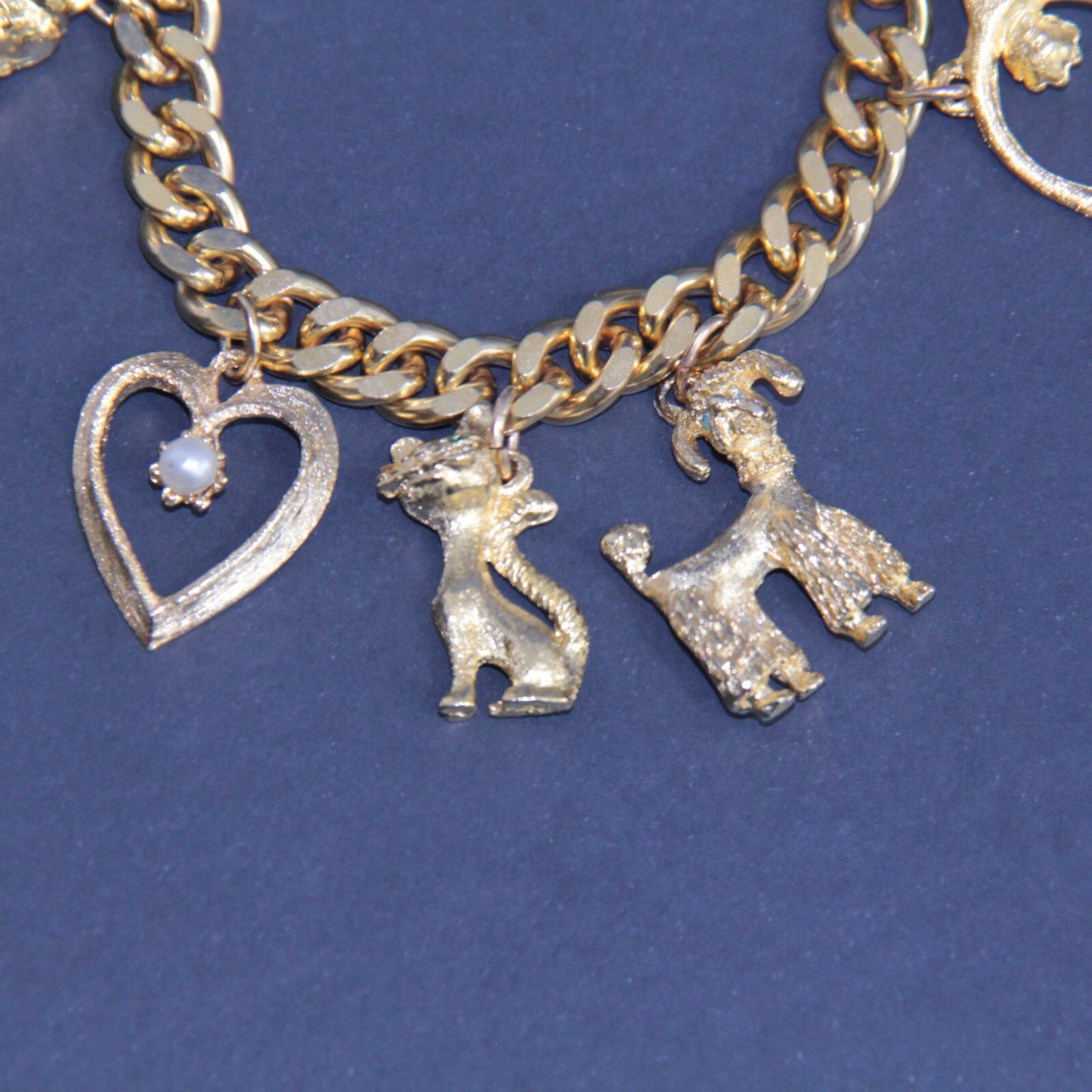 Vintage Mid-Century Gold Tone Charm Bracelet  Good Luck JFK Cat Dog Wishing Well