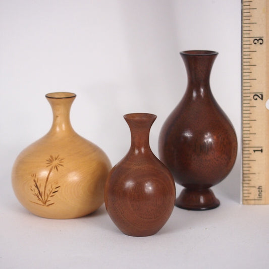 Lot of 3 Miniature Art Hand-Turned Wood Vases – Signed JRJ – 2" to 2.75"