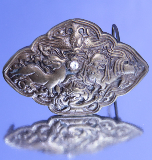 70's Bergamont Brass Works Belt Buckle - Foo Dogs & Dragon - White Stone