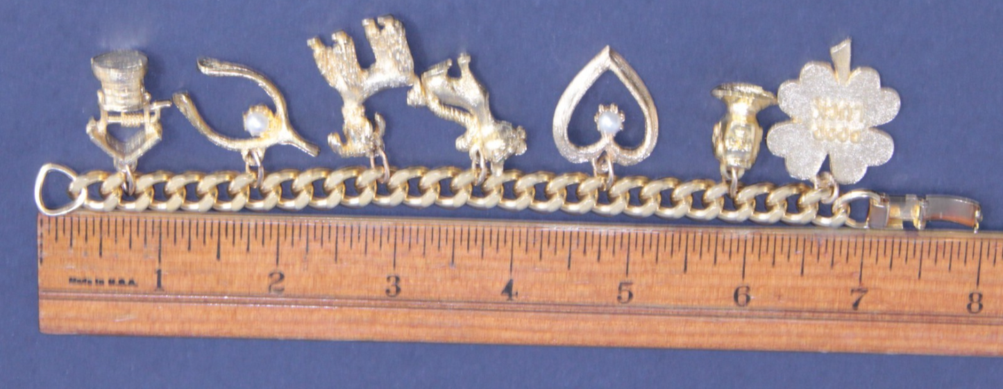 Vintage Mid-Century Gold Tone Charm Bracelet  Good Luck JFK Cat Dog Wishing Well