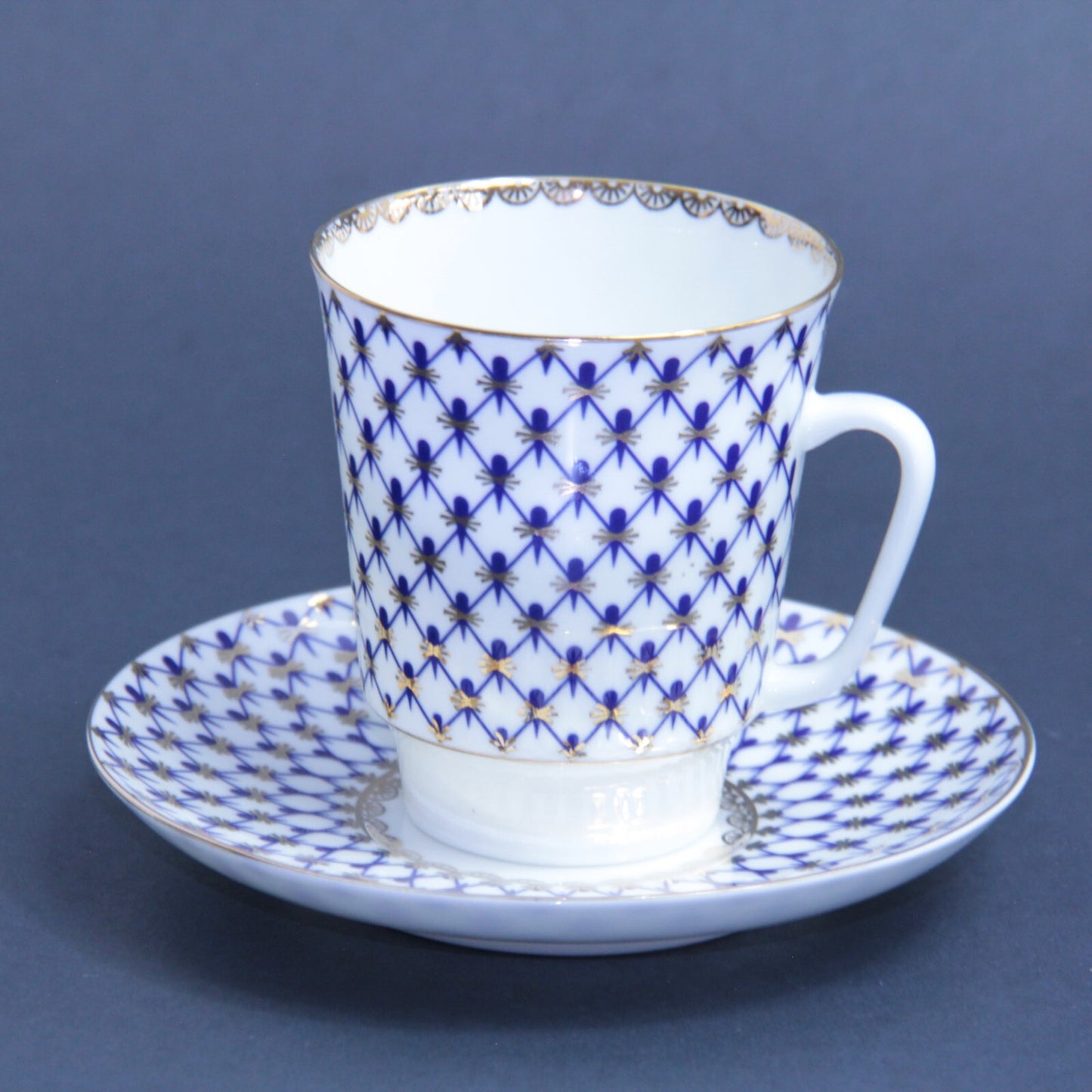 Lomonosov Russian "Cobalt Net" Blue St. Petersburg Porcelain Tea Cup & Saucer