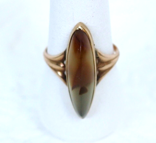 30's Antique 10k Rose Gold Long Banded Agate Miller-Steinau Navette Ring