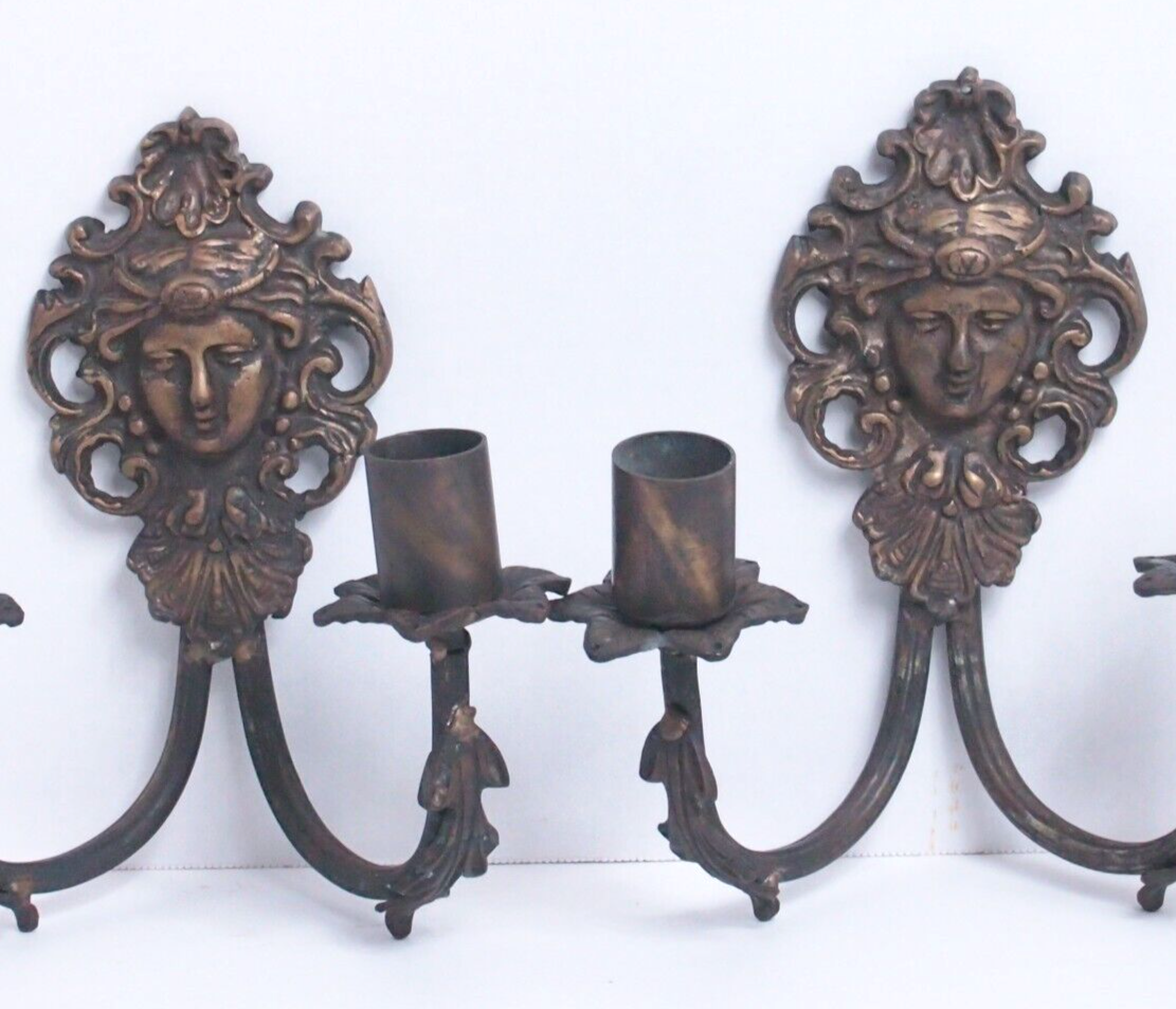 Antique Figural Face Cast Bronze Wall Sconces - 9" Pair