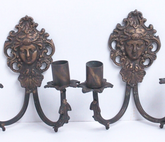 Antique Figural Face Cast Bronze Wall Sconces - 9" Pair