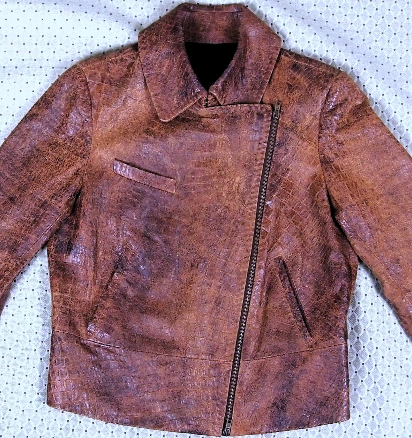 Donna Karan Crocodile Pattern Leather Jacket Spanish Lambskin, Distressed Style