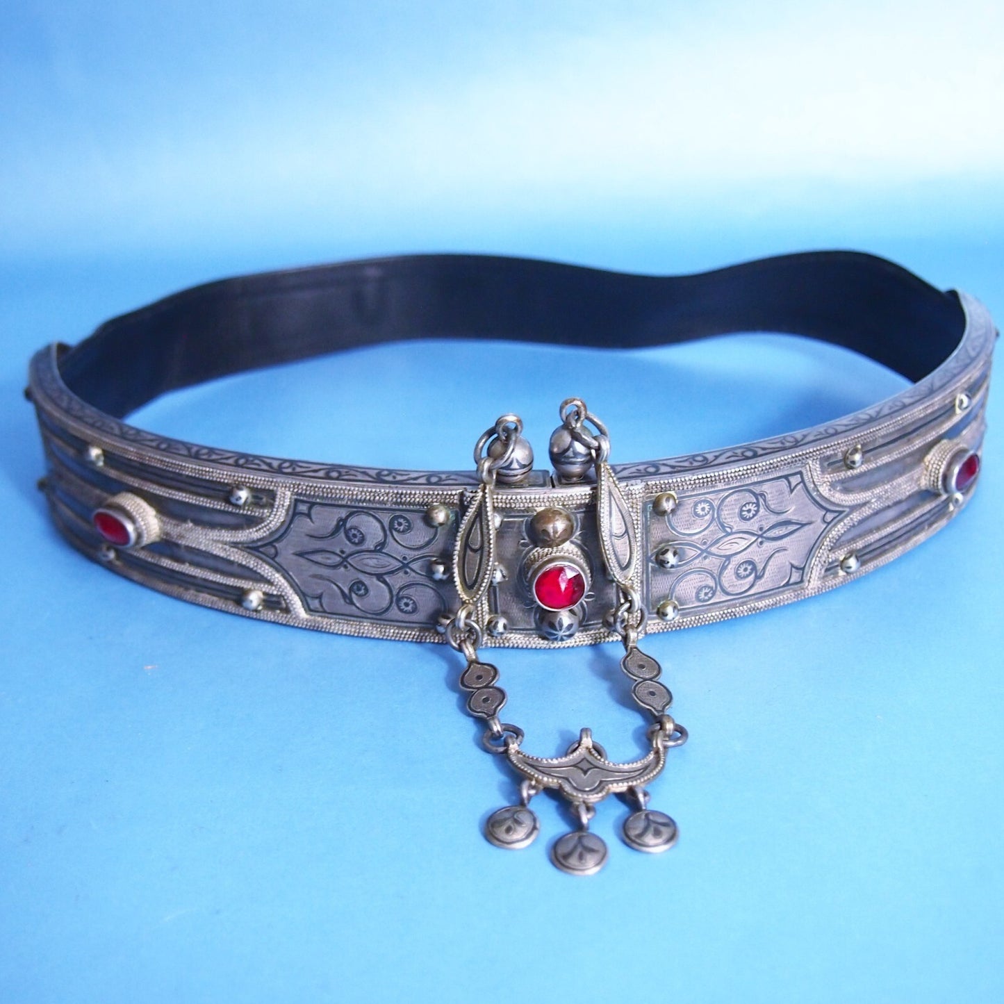 Early 1900s Niello Inlay Wedding Belt – White Metal & Bronze – 26” Ceremonial