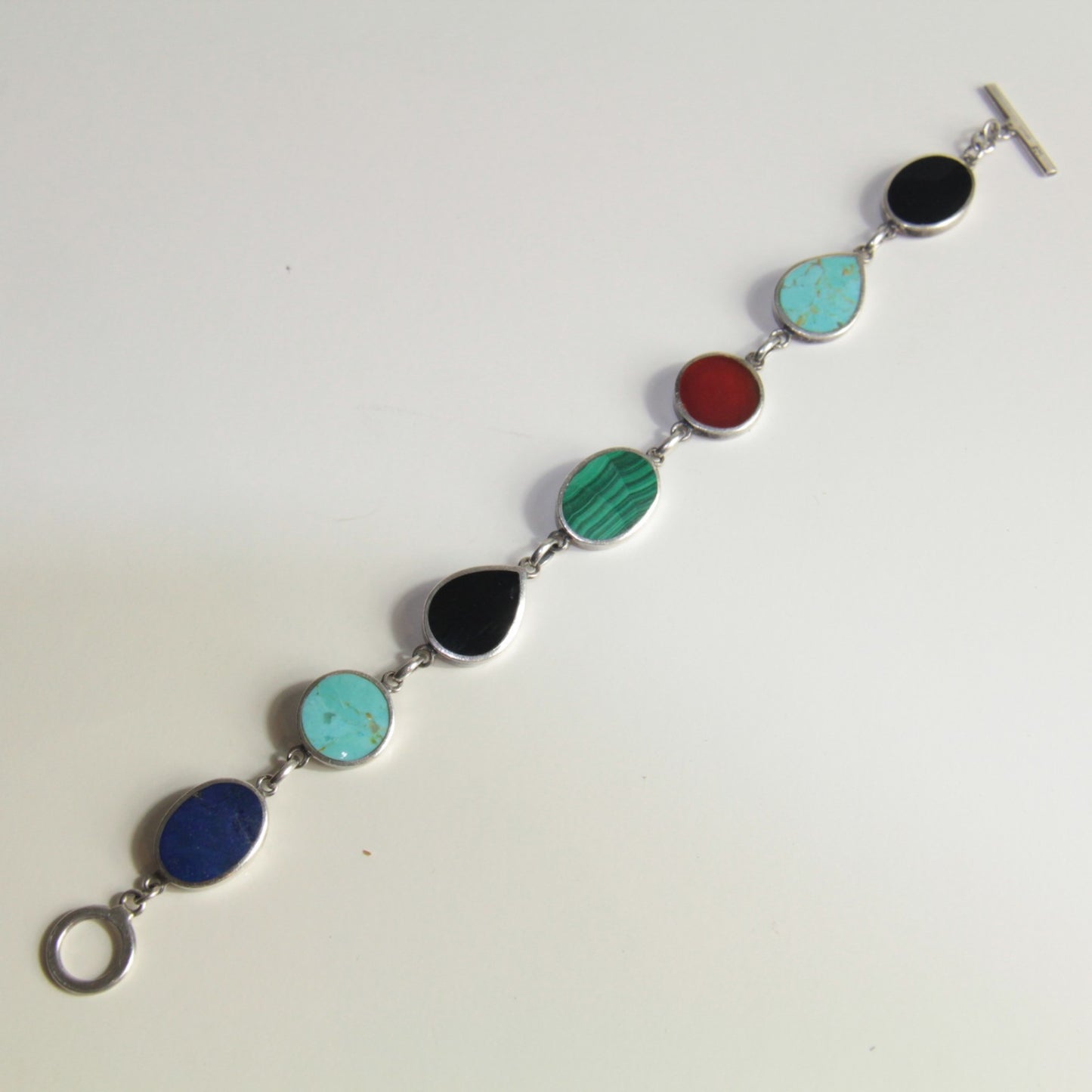 Sterling Silver GEMSTONE BRACELET Bezel Set Stone Link Turquoise Onyx Jasper 7"