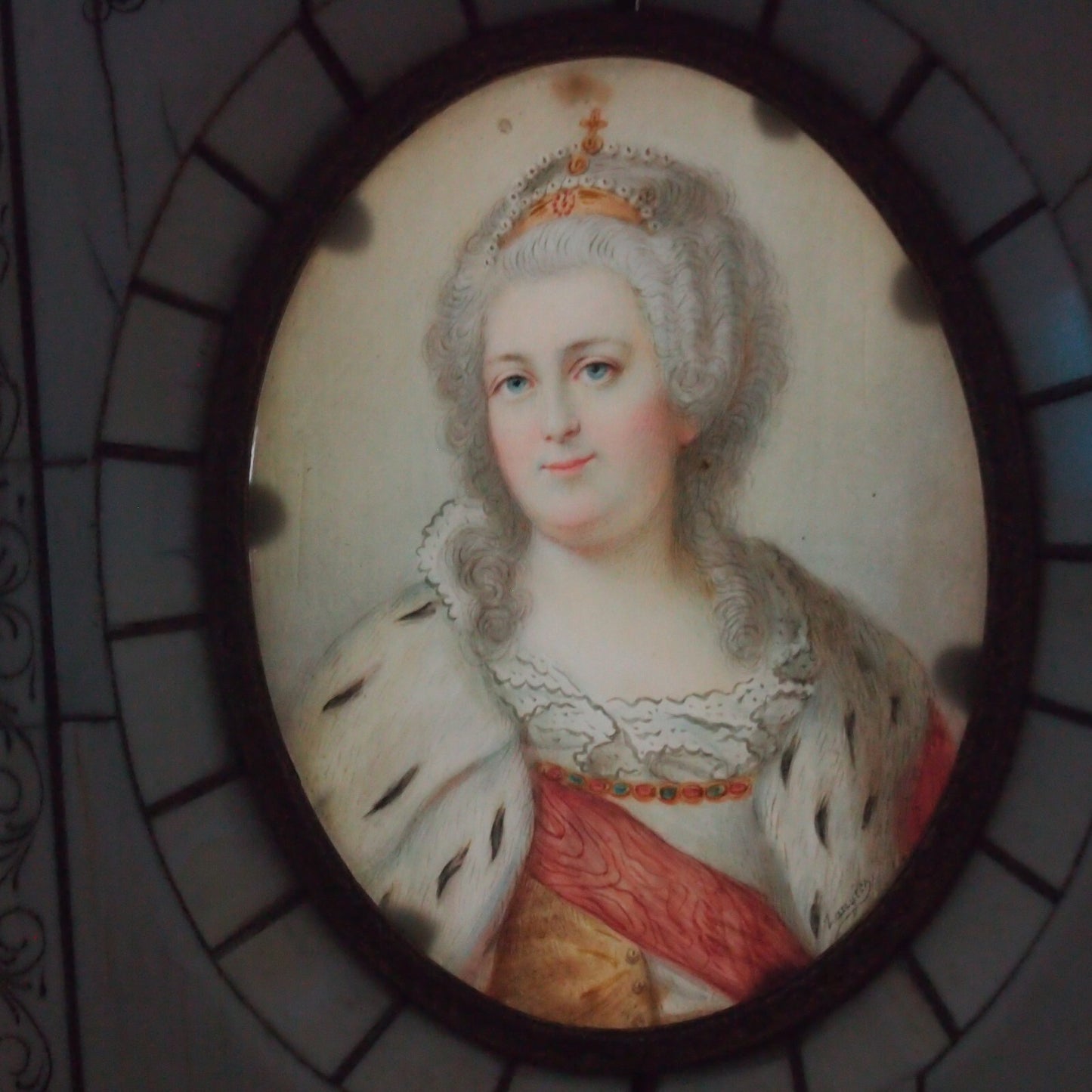 19th c. Hand-Painted Catherine the Great Miniature Portrait – Bone Frame