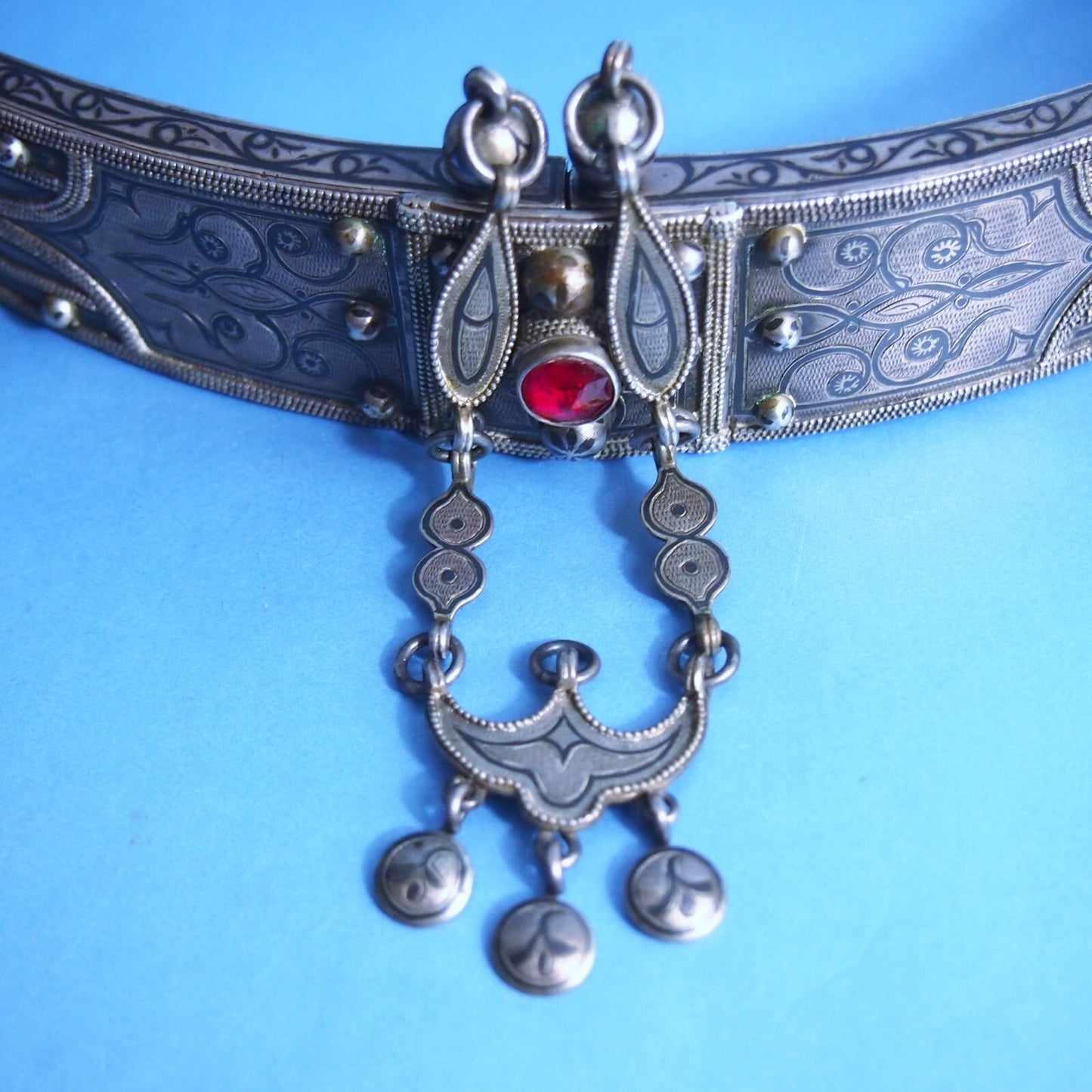 Early 1900s Niello Inlay Wedding Belt – White Metal & Bronze – 26” Ceremonial