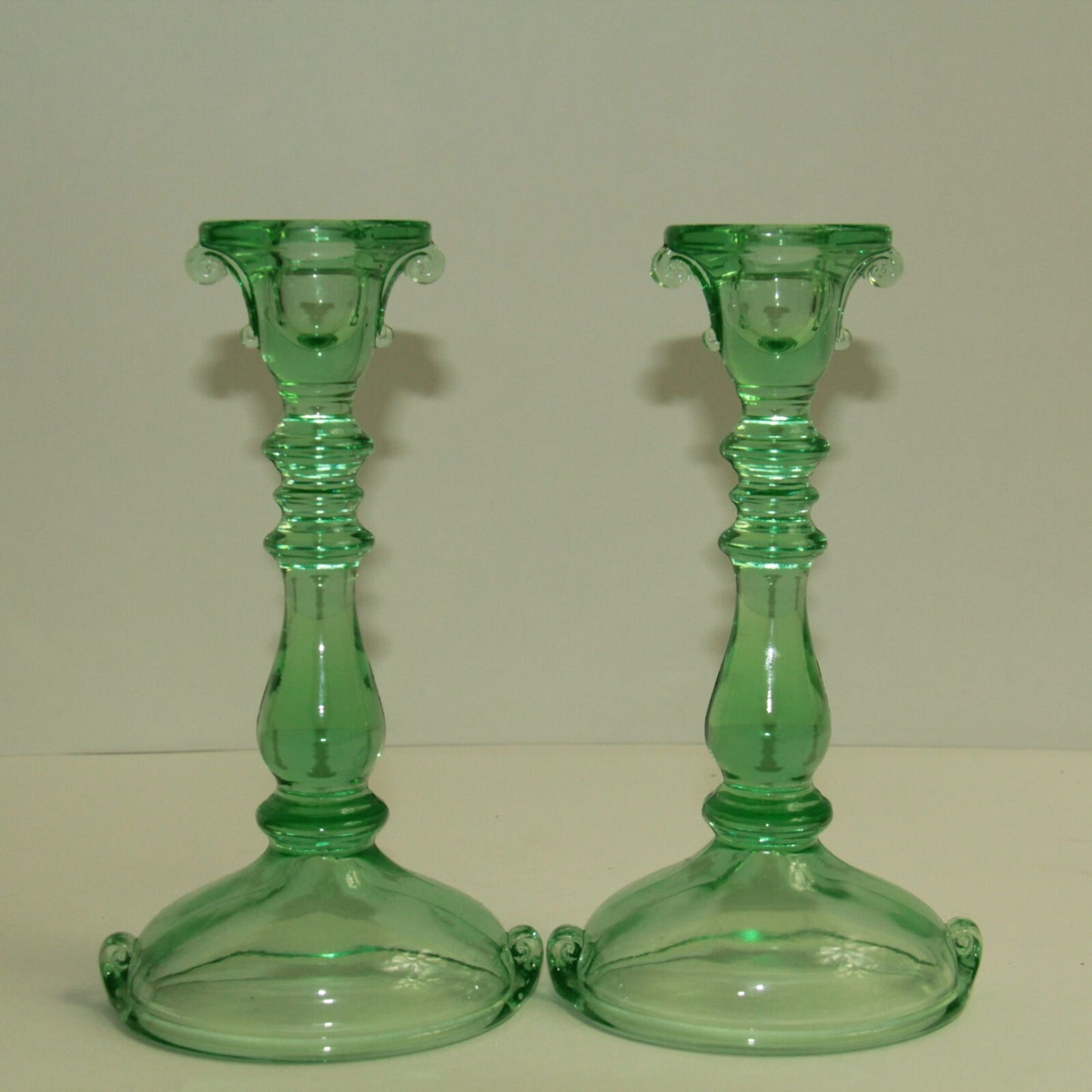 Antique Imperial Vaseline Glass Double Scroll Candlesticks 8.5" UV Reactive
