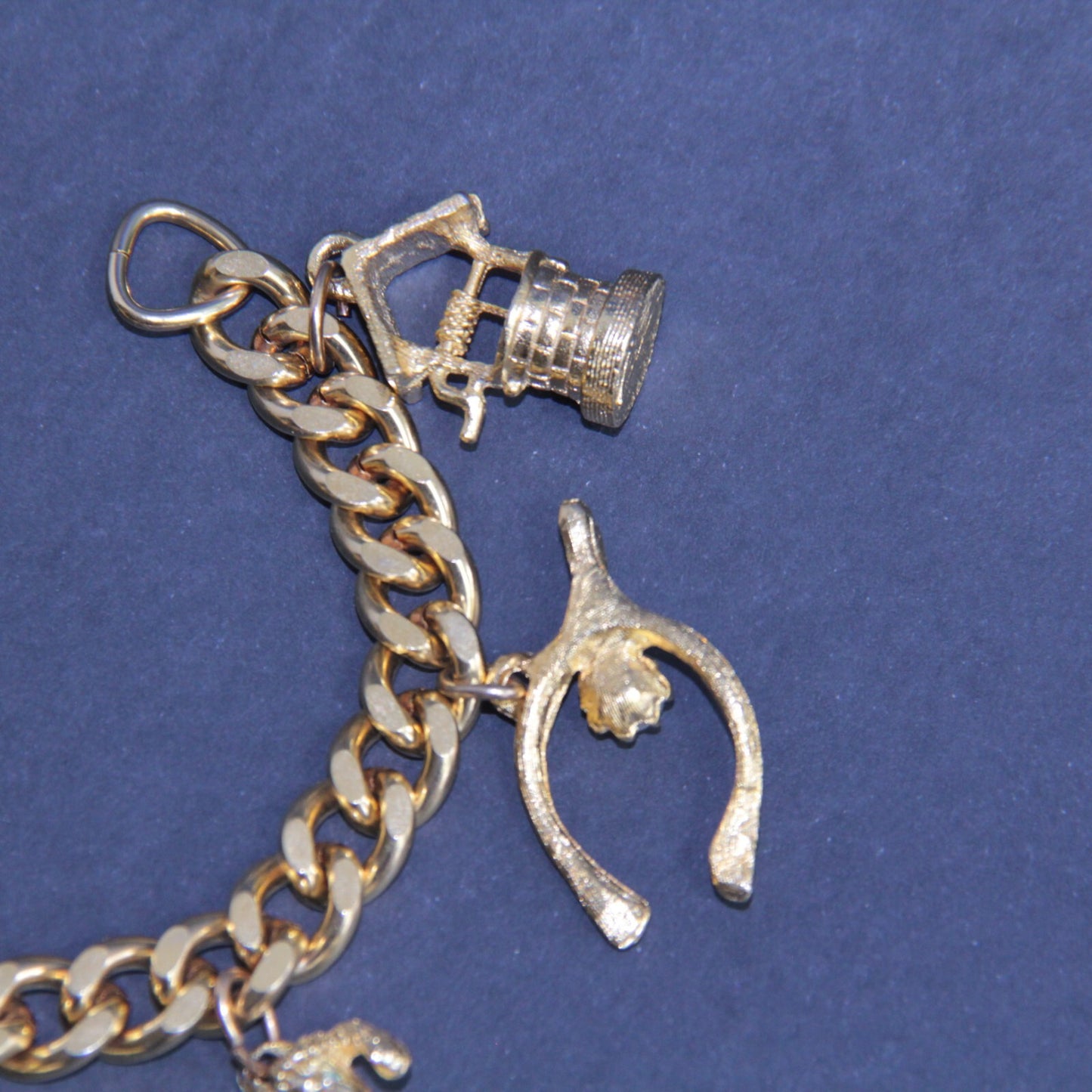 Vintage Mid-Century Gold Tone Charm Bracelet  Good Luck JFK Cat Dog Wishing Well