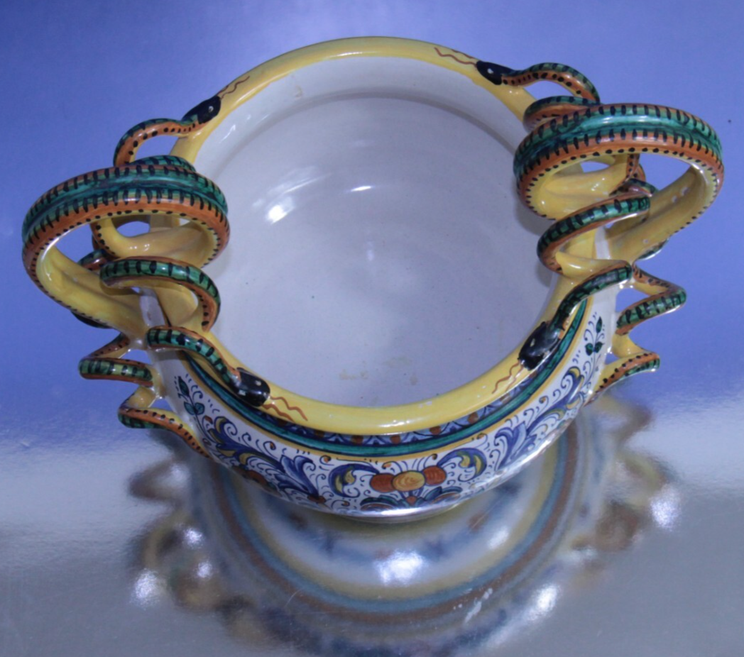 Deruta Raffaellesco Majolica Jardiniere Bowl Hand-Painted w Serpentine Handles