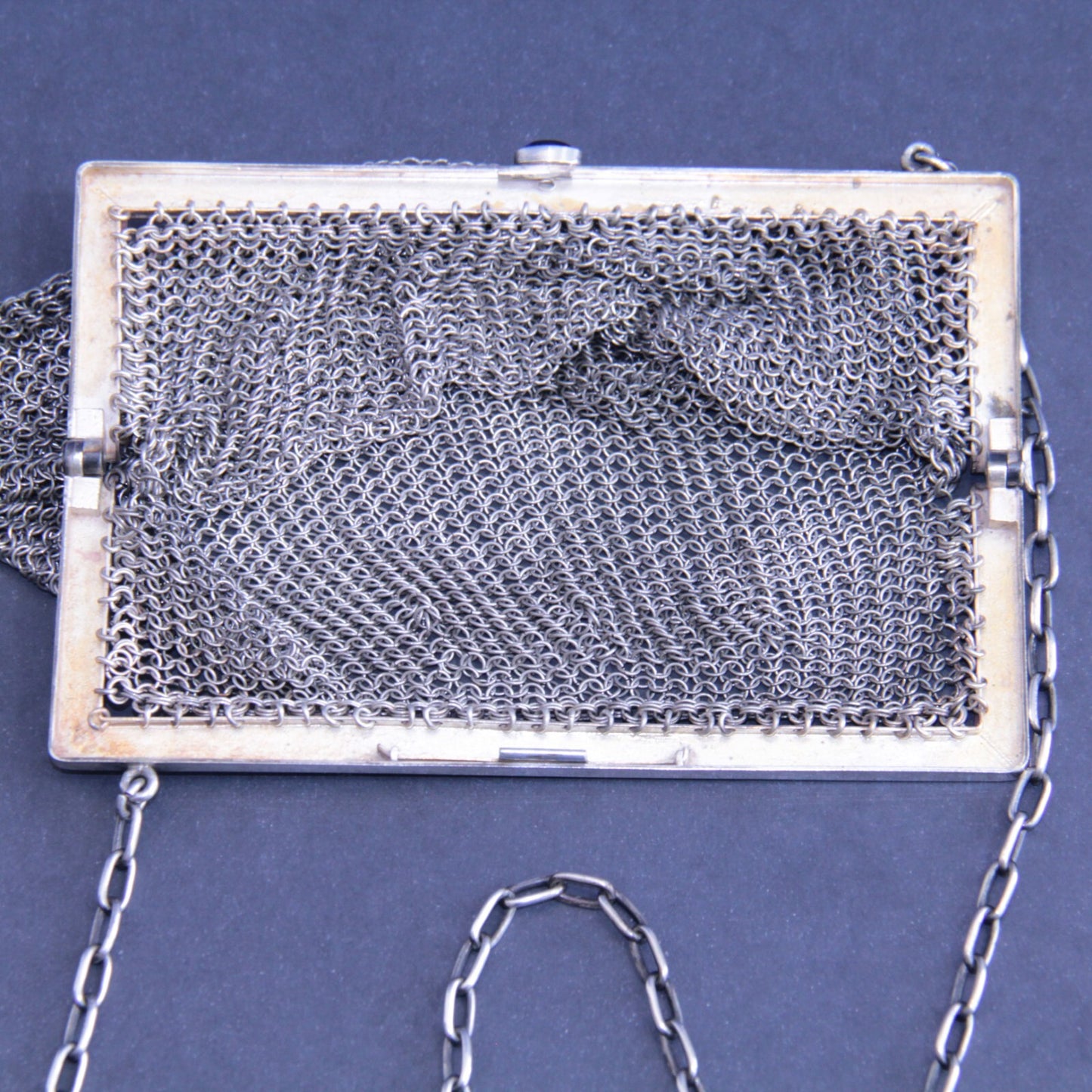 Antique Chain Link Mesh Purse with Blue Stone Cabochon Push Button Clasp