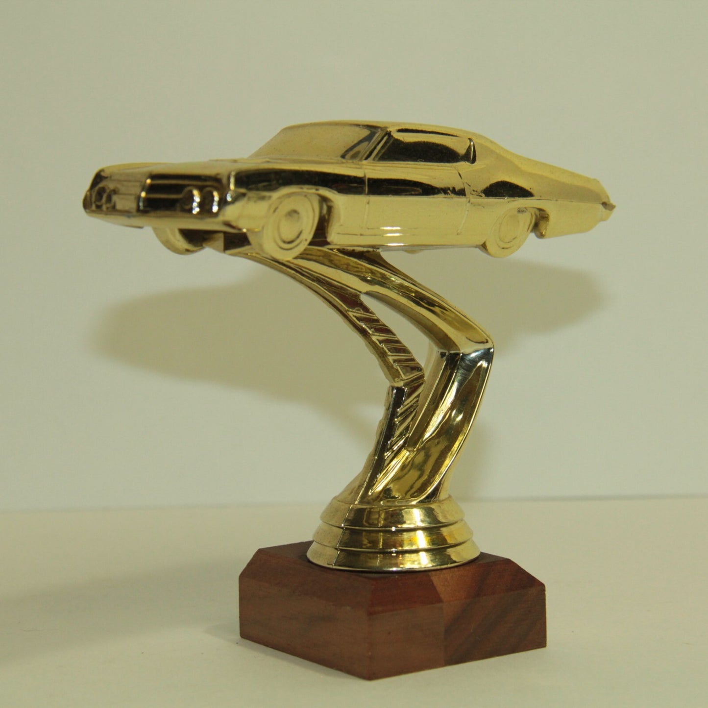Vintage 1970's Muscle Stock Car Trophy Topper – 4.5" Tall – Gold on Wood Base