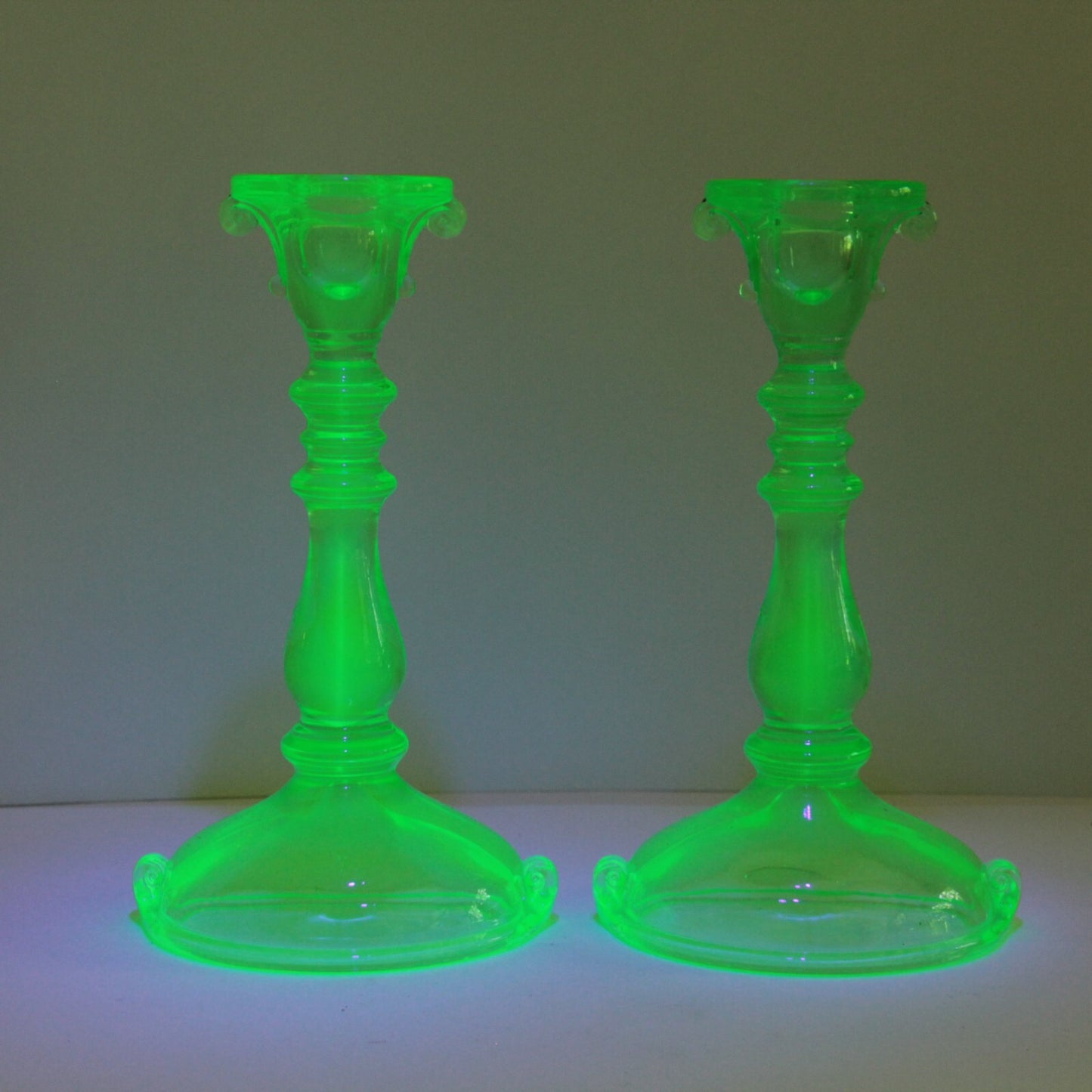 Antique Imperial Vaseline Glass Double Scroll Candlesticks 8.5" UV Reactive