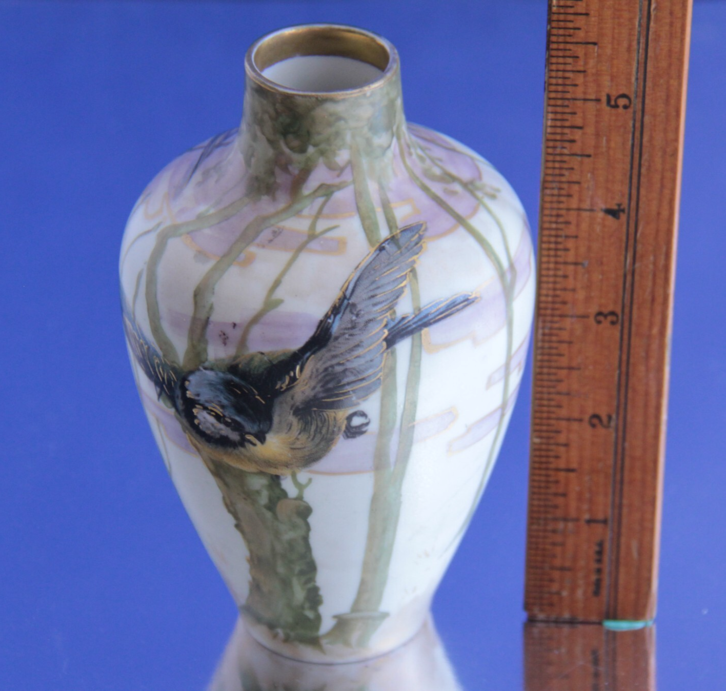 Ernst Wahliss Art Nouveau Gilt Earthenware Vase – Spring Landscape w Sparrow