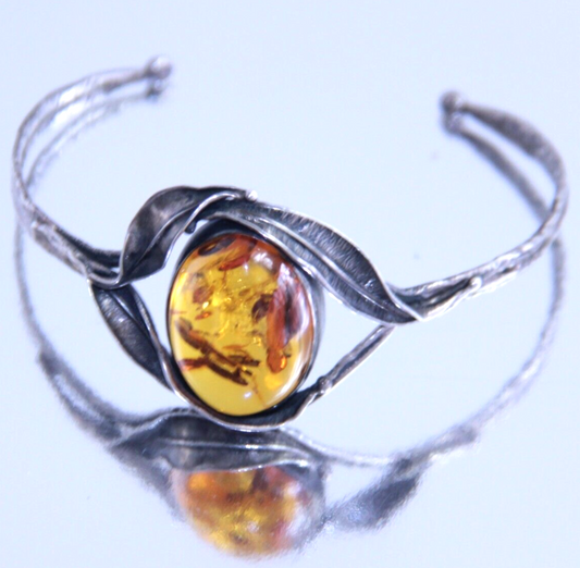 Antique Sterling Silver Baltic Amber Brutalist Hand Hammered Bracelet 16.2g .925