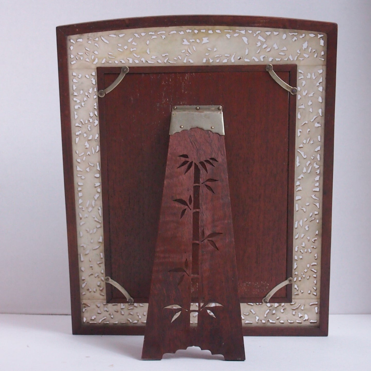 Stunning Antique Chinese Carved Jade & Wood w Easel Back 13” Picture Frame ✨