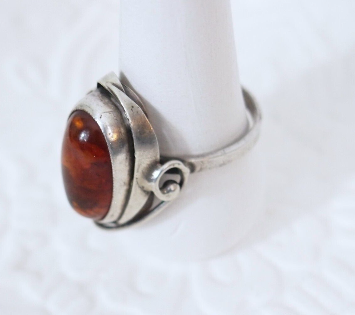 Vintage Modernist .925 Sterling Silver & Amber Cabochon Ring Size 6.5 Signed SD