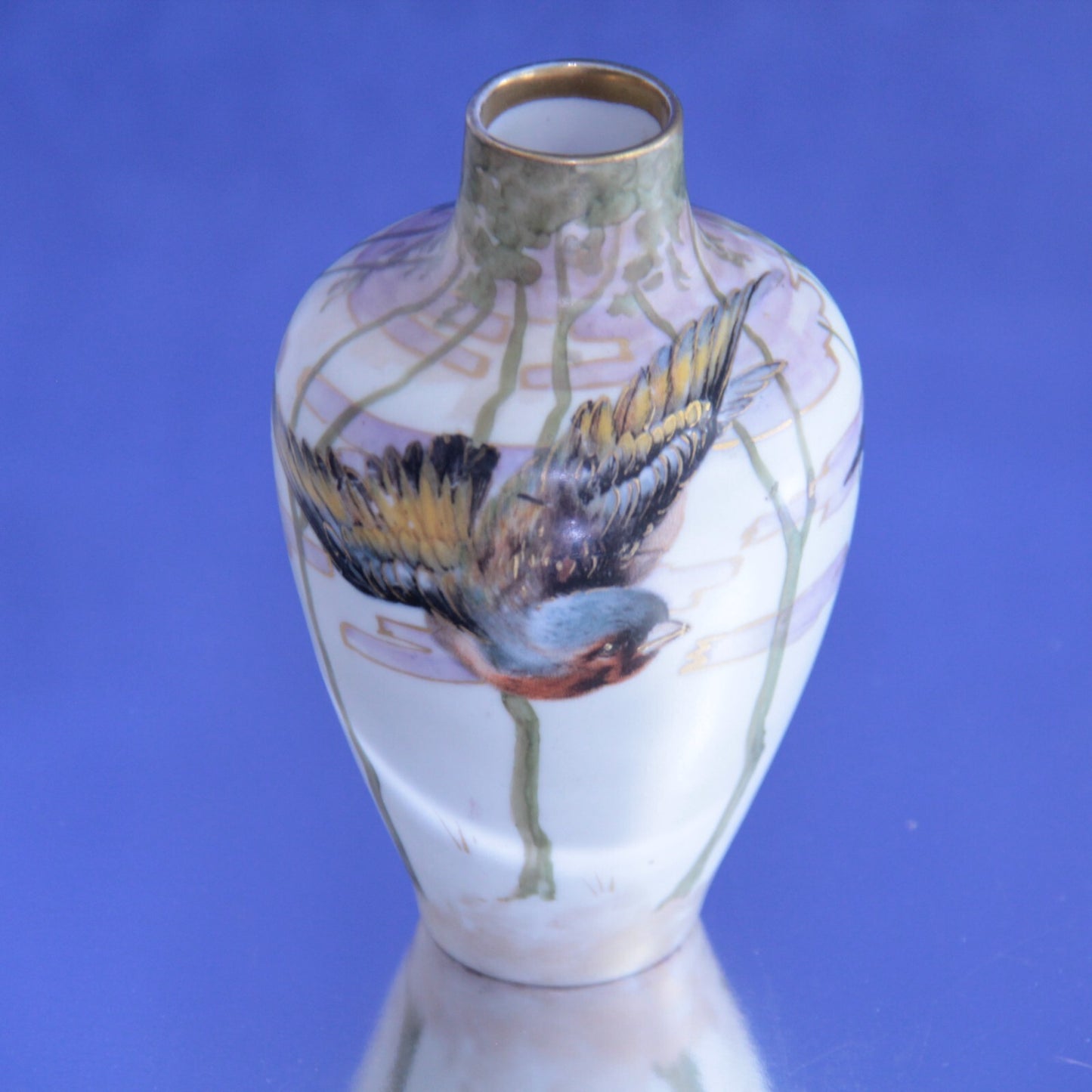 Ernst Wahliss Art Nouveau Gilt Earthenware Vase – Spring Landscape w Sparrow