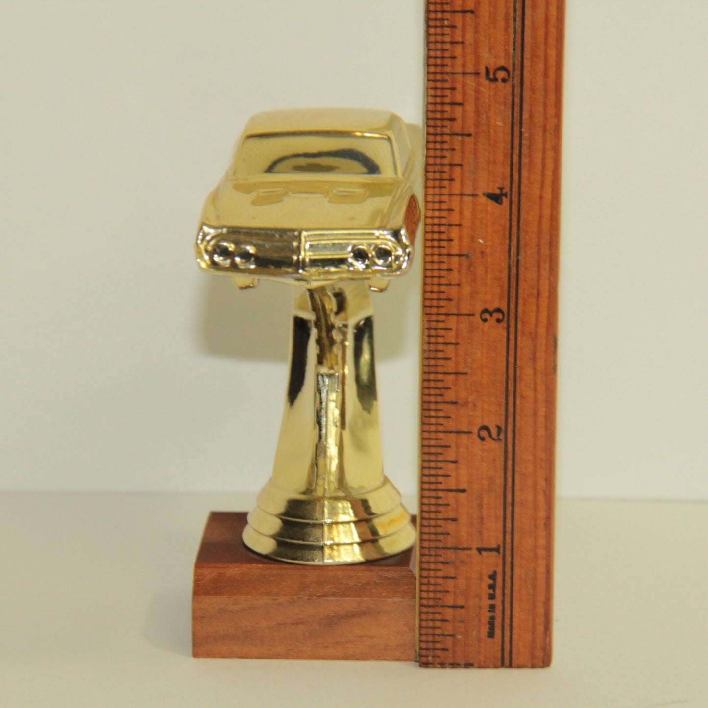 Vintage 1970's Muscle Stock Car Trophy Topper – 4.5" Tall – Gold on Wood Base