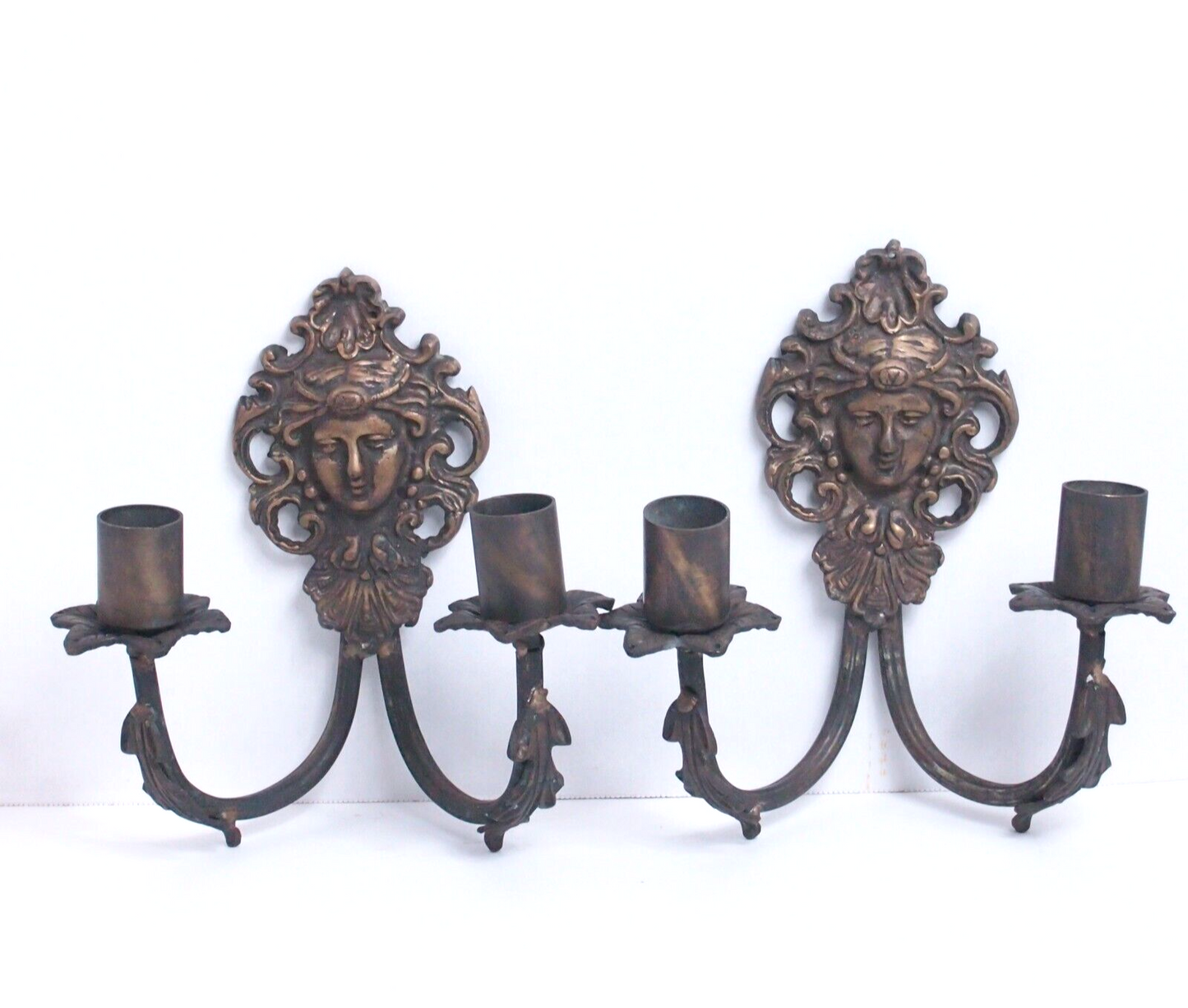 Antique Figural Face Cast Bronze Wall Sconces - 9" Pair