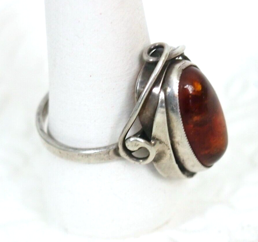 Vintage Modernist .925 Sterling Silver & Amber Cabochon Ring Size 6.5 Signed SD