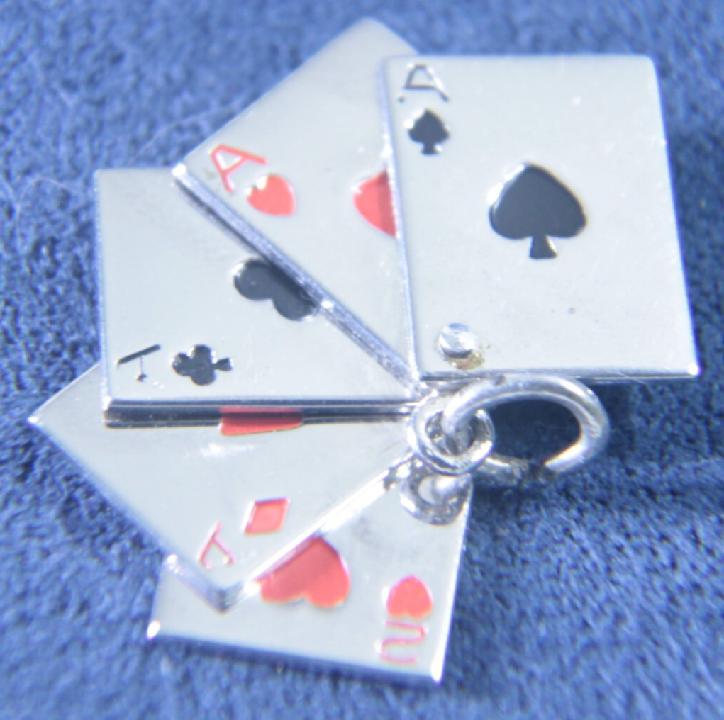 Vintage Sterling Silver Moveable Charm Wells Enamel Hand Of Cards | Quad Aces