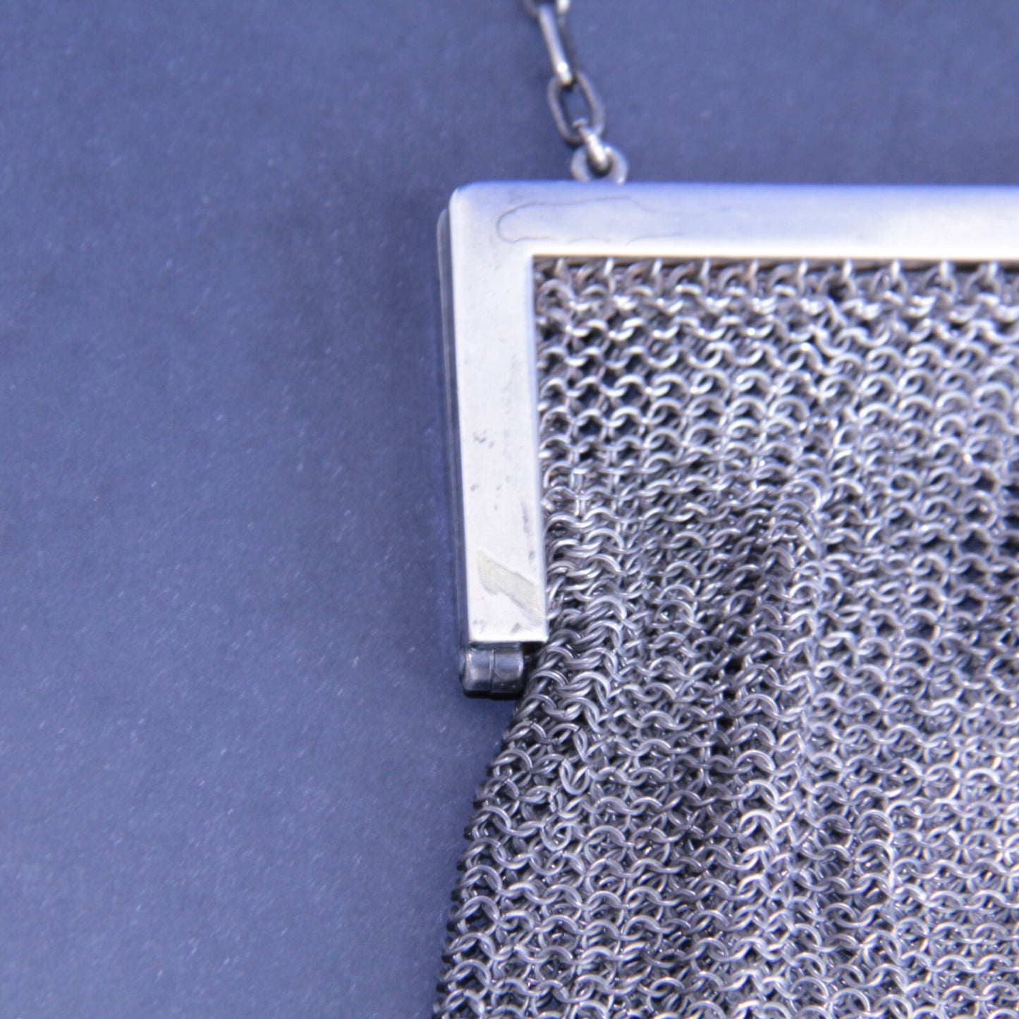 Antique Chain Link Mesh Purse with Blue Stone Cabochon Push Button Clasp