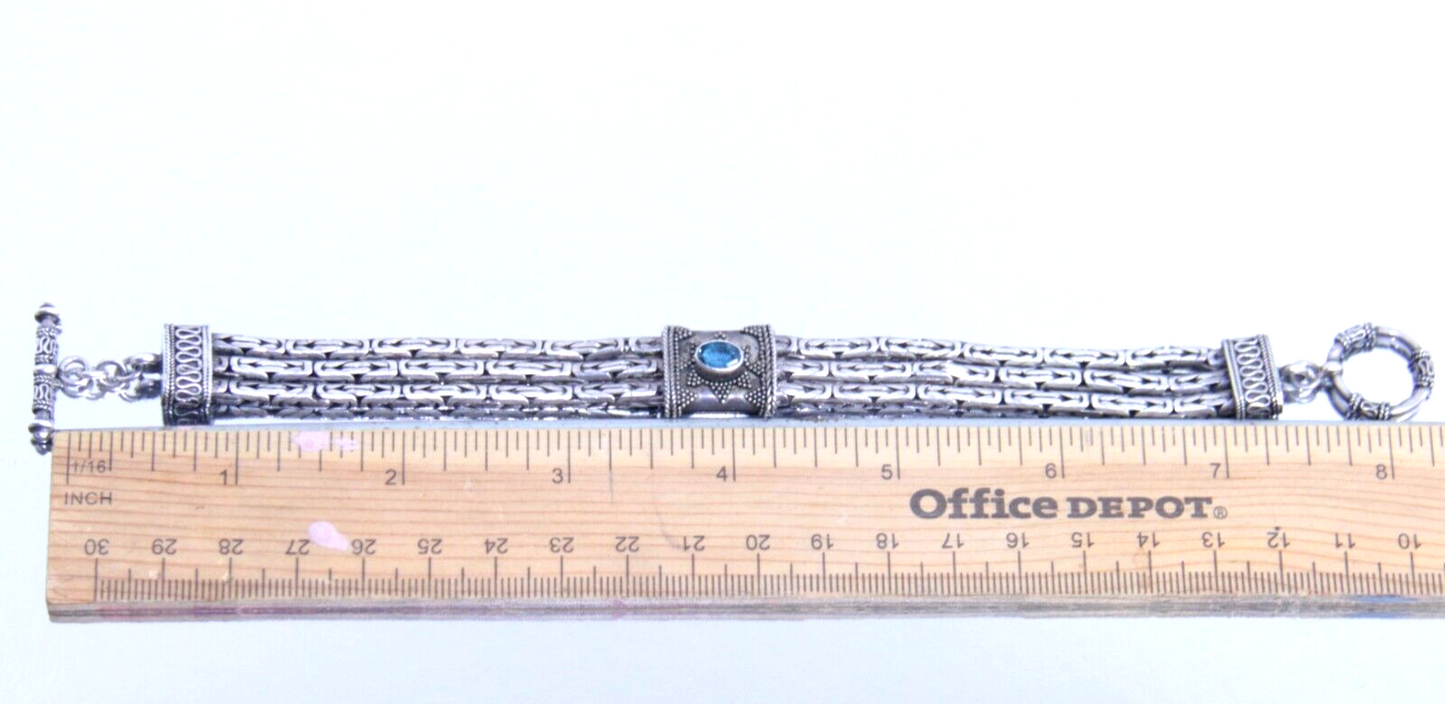 Vintage Sterling Silver 3-Strand Byzantine Bracelet w Topaz 8.25" | 50.7g | 925