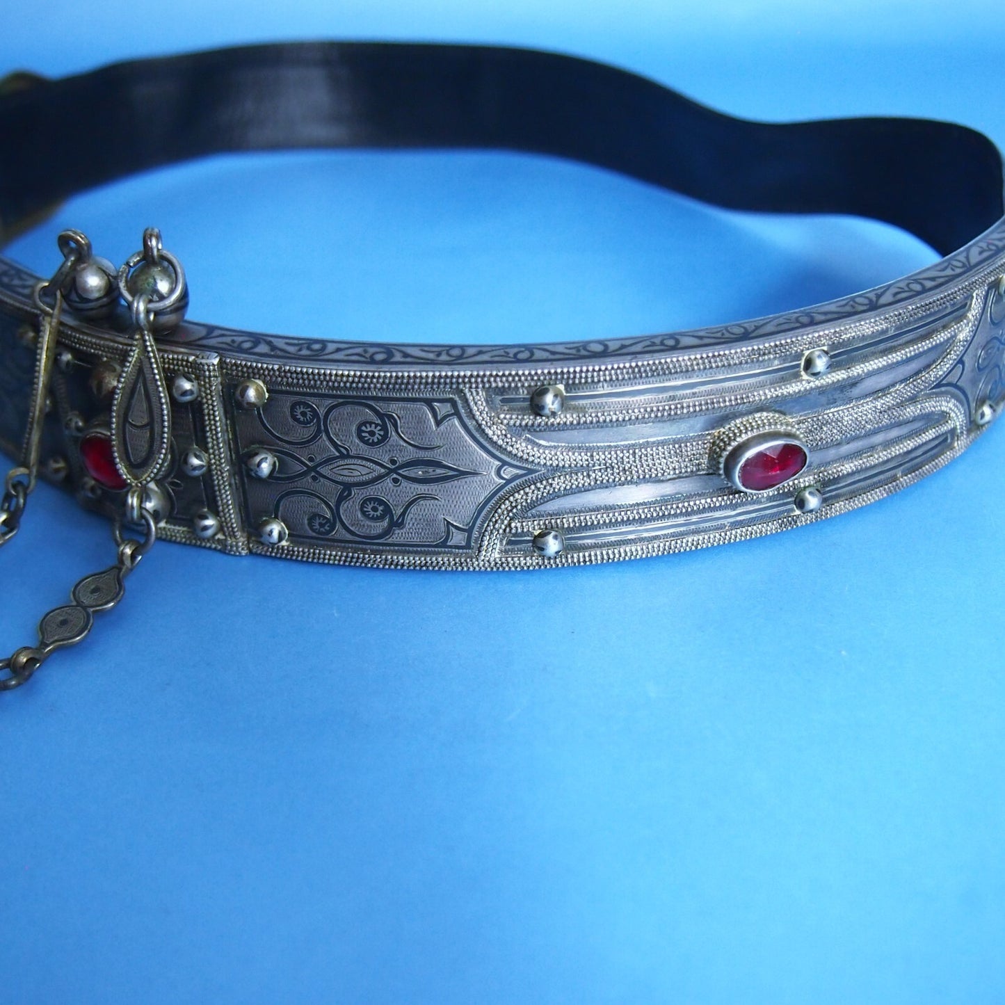 Early 1900s Niello Inlay Wedding Belt – White Metal & Bronze – 26” Ceremonial