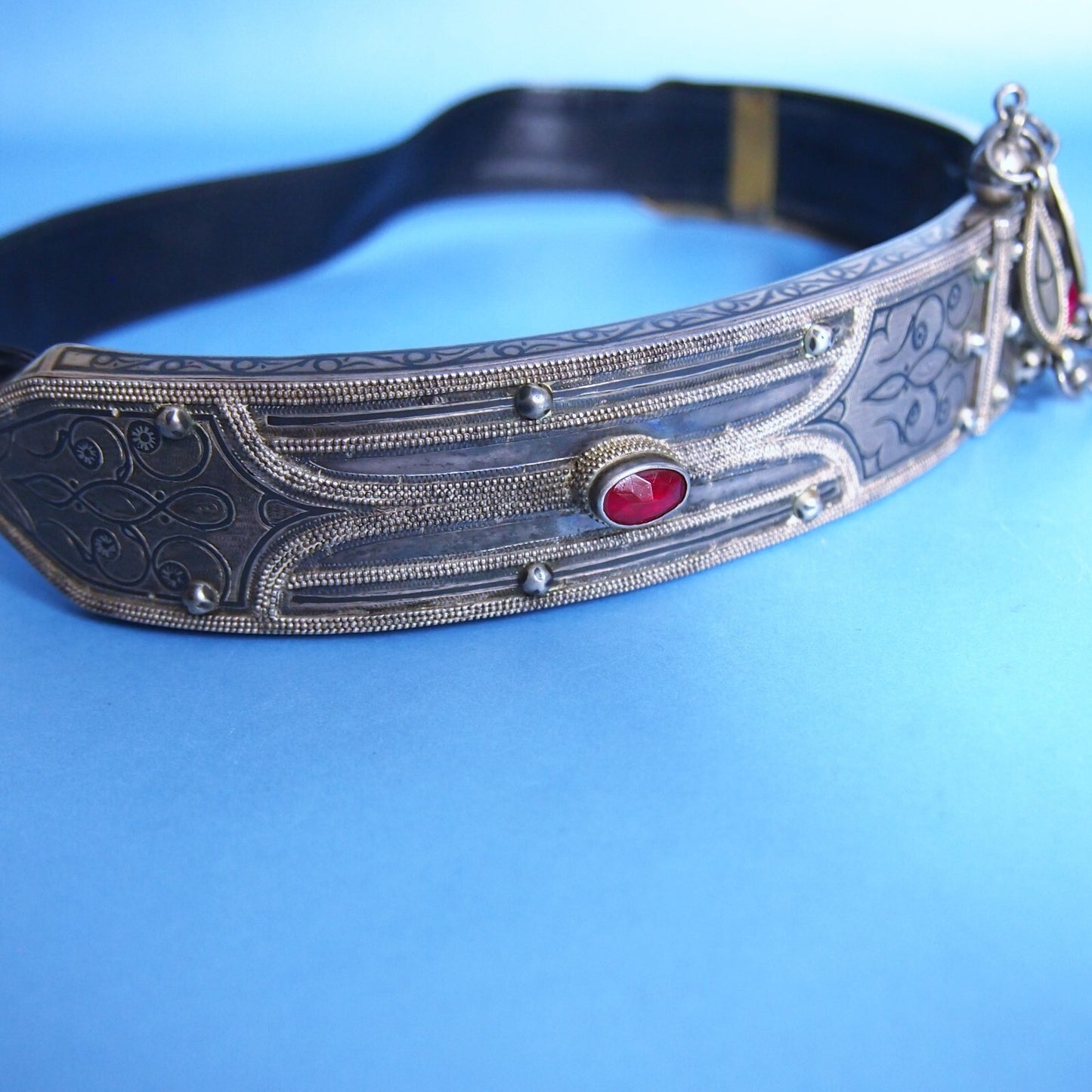 Early 1900s Niello Inlay Wedding Belt – White Metal & Bronze – 26” Ceremonial