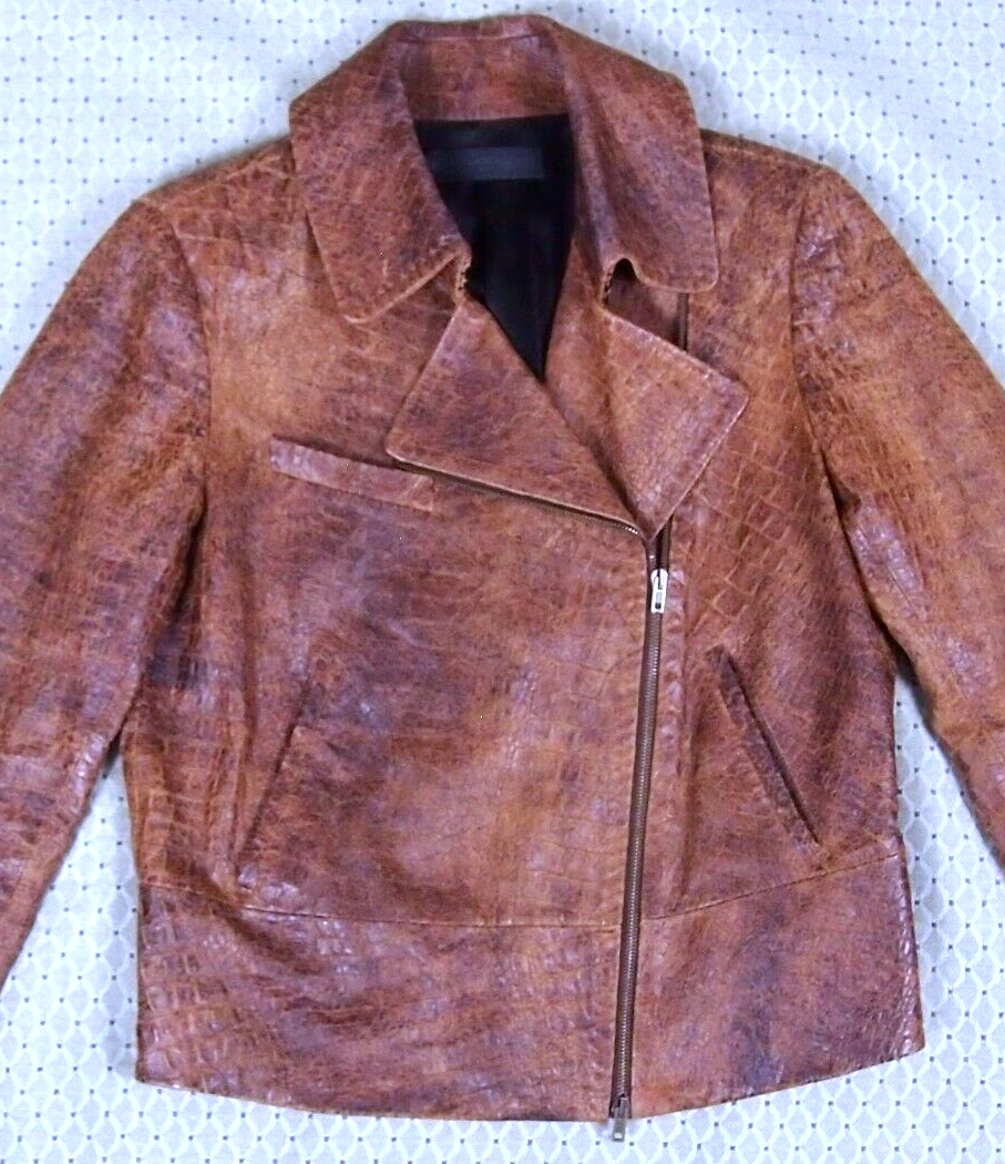 Donna Karan Crocodile Pattern Leather Jacket Spanish Lambskin, Distressed Style