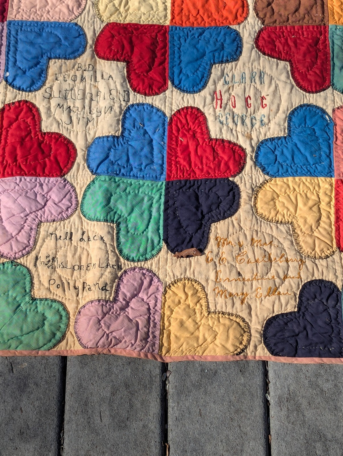 Antique Hand-Stitched Family Tree Heart Quilt Mabrey Hogg Ruff Treece Griffin