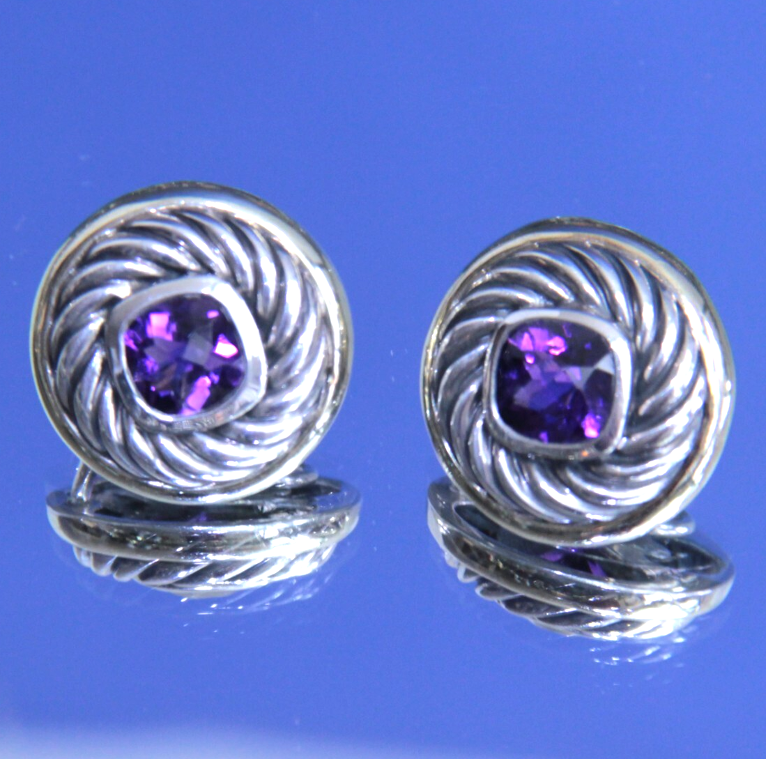 Authentic David Yurman Cable Earrings Amethyst 14K Sterling Silver RARE DESIGN
