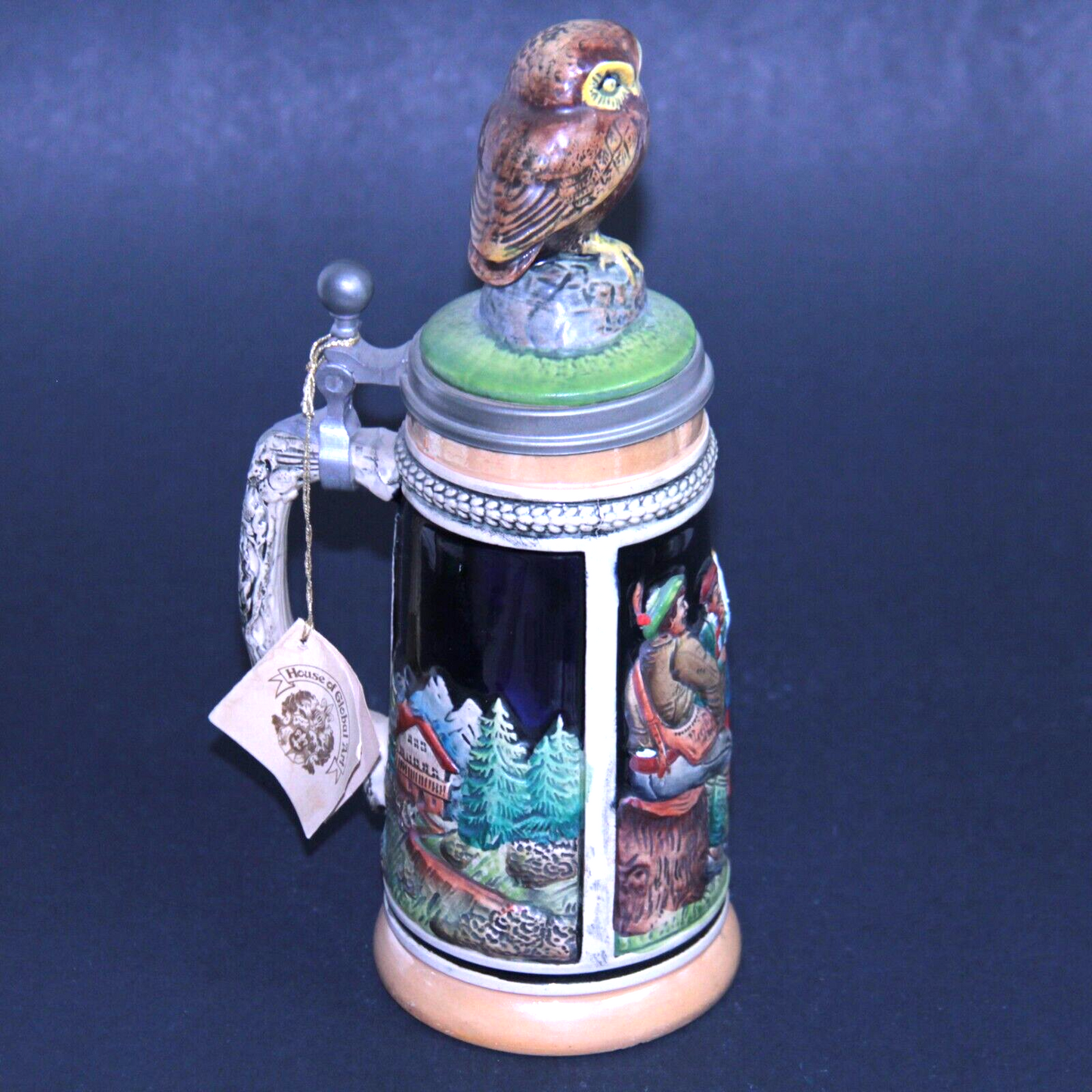 Werner Corzelius WC Beer Stein Owl Lid 10" West Germany Pewter DRM ZINN .5L ✨