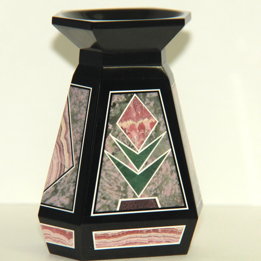 Multi-Stone Inlay Intarsia Vase Black Onyx w Rhodochrosite Thulite & Adventurine