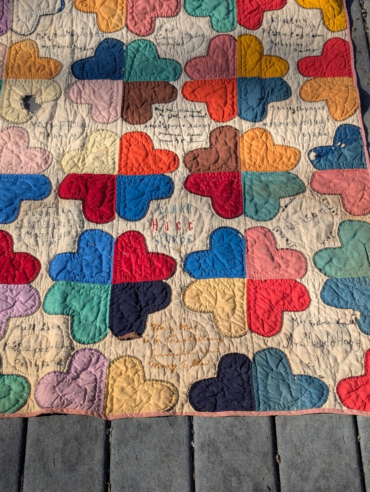 Antique Hand-Stitched Family Tree Heart Quilt Mabrey Hogg Ruff Treece Griffin